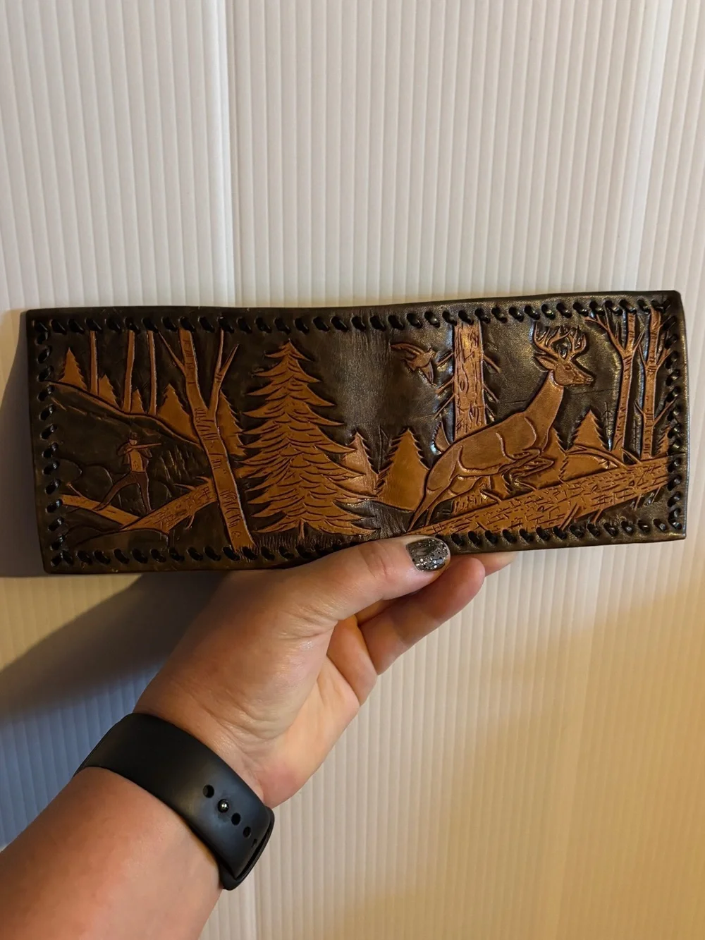 Hand-Tooled Leather Wallet with Deer Forest Scene - Brown